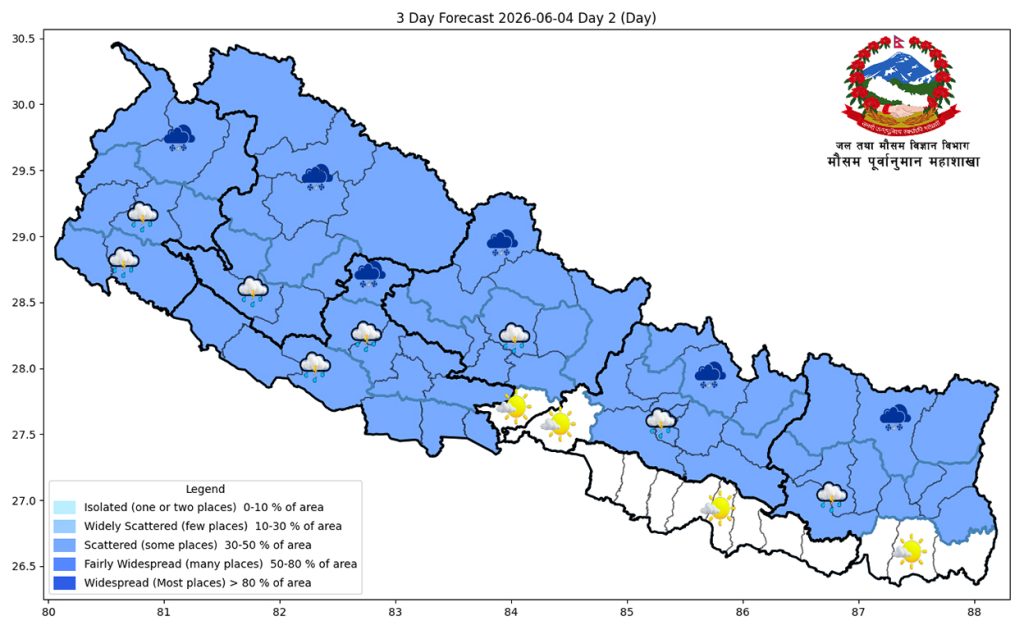 पहाडी भागमा वर्षा, तराईमा गर्मी बढ्ने पूर्वानुमान